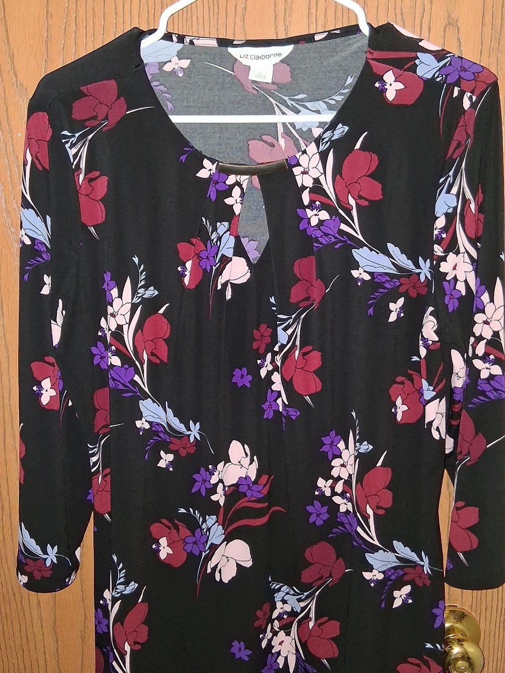 Liz Claiborne Black Floral Keyhole Tunic Top  3/4 Sleeve Like New Large